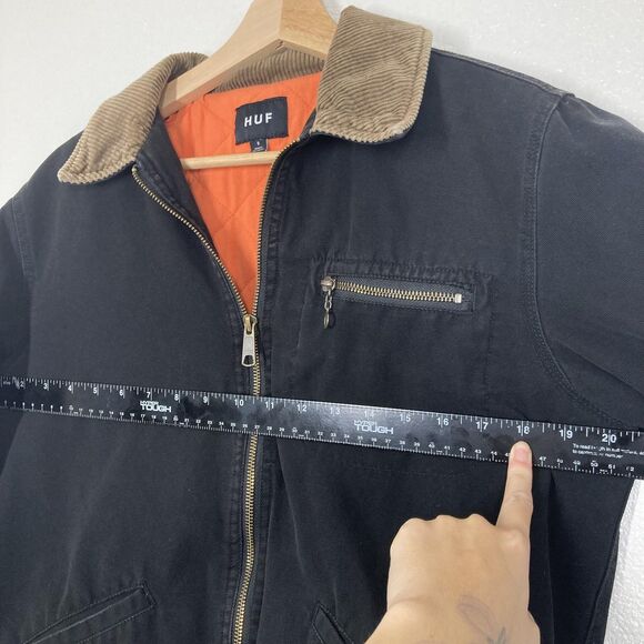 HUF Barlow Jacket  Mens S Black Corduroy Collar Quilted Lined Worldwide Zip Up - Picture 6 of 16
